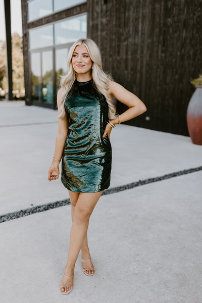 Hunter Green Metallic Halter Neck Mini Dress