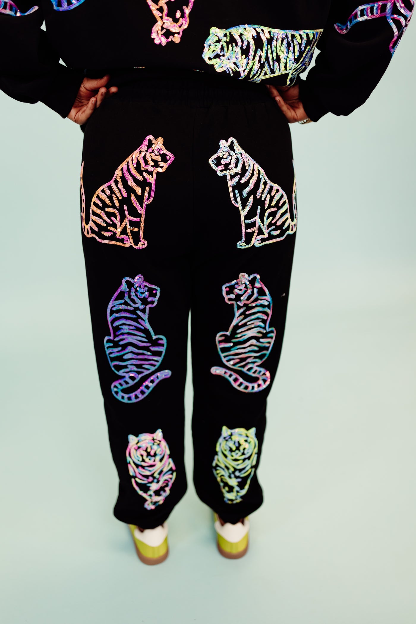 Queen of Sparkles Black Multi Outlined Tiger All Over Joggers