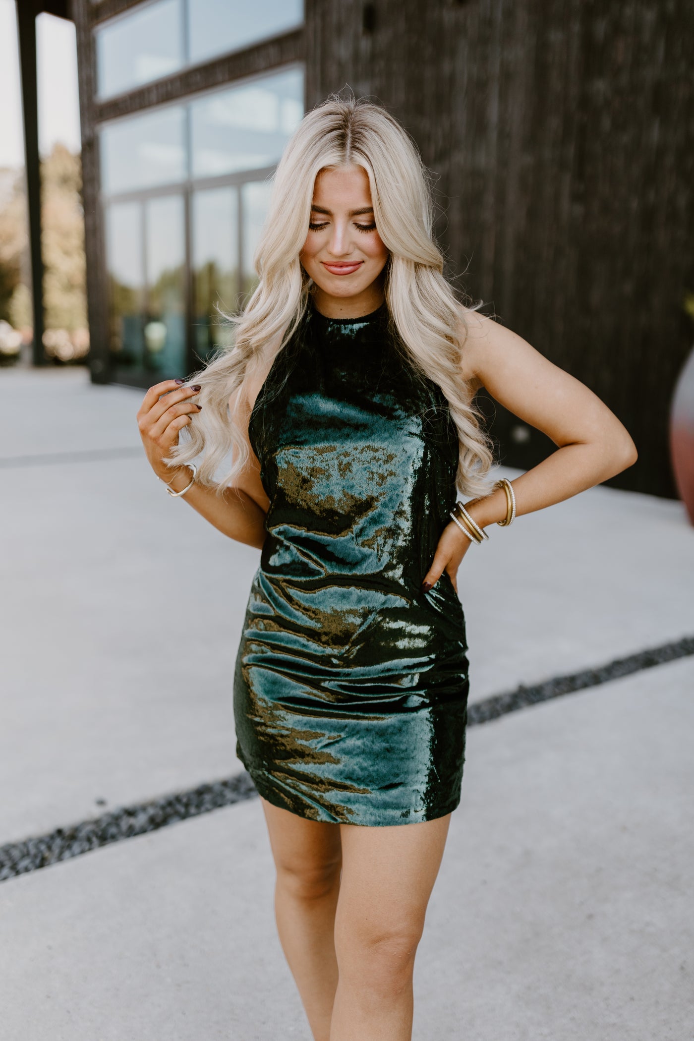 Hunter Green Metallic Halter Neck Mini Dress