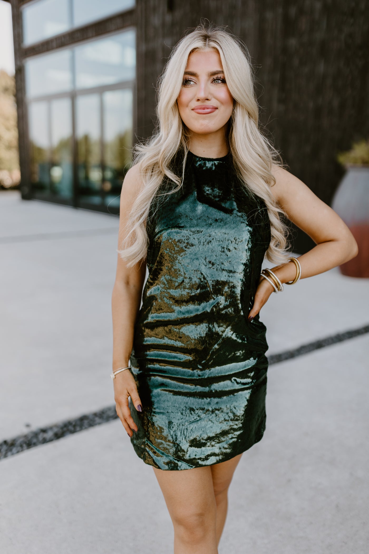 Hunter Green Metallic Halter Neck Mini Dress