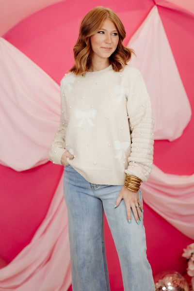 Natural Round Neck Pearl and Bow Sweater