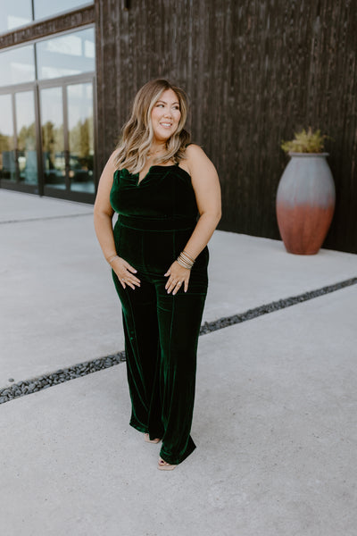 Emerald Green Sleeveless Wide Leg Velvet Jumpsuit