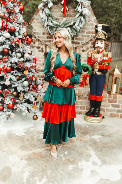 Red and Green Colorblock Iridescent Tiered Maxi Dress