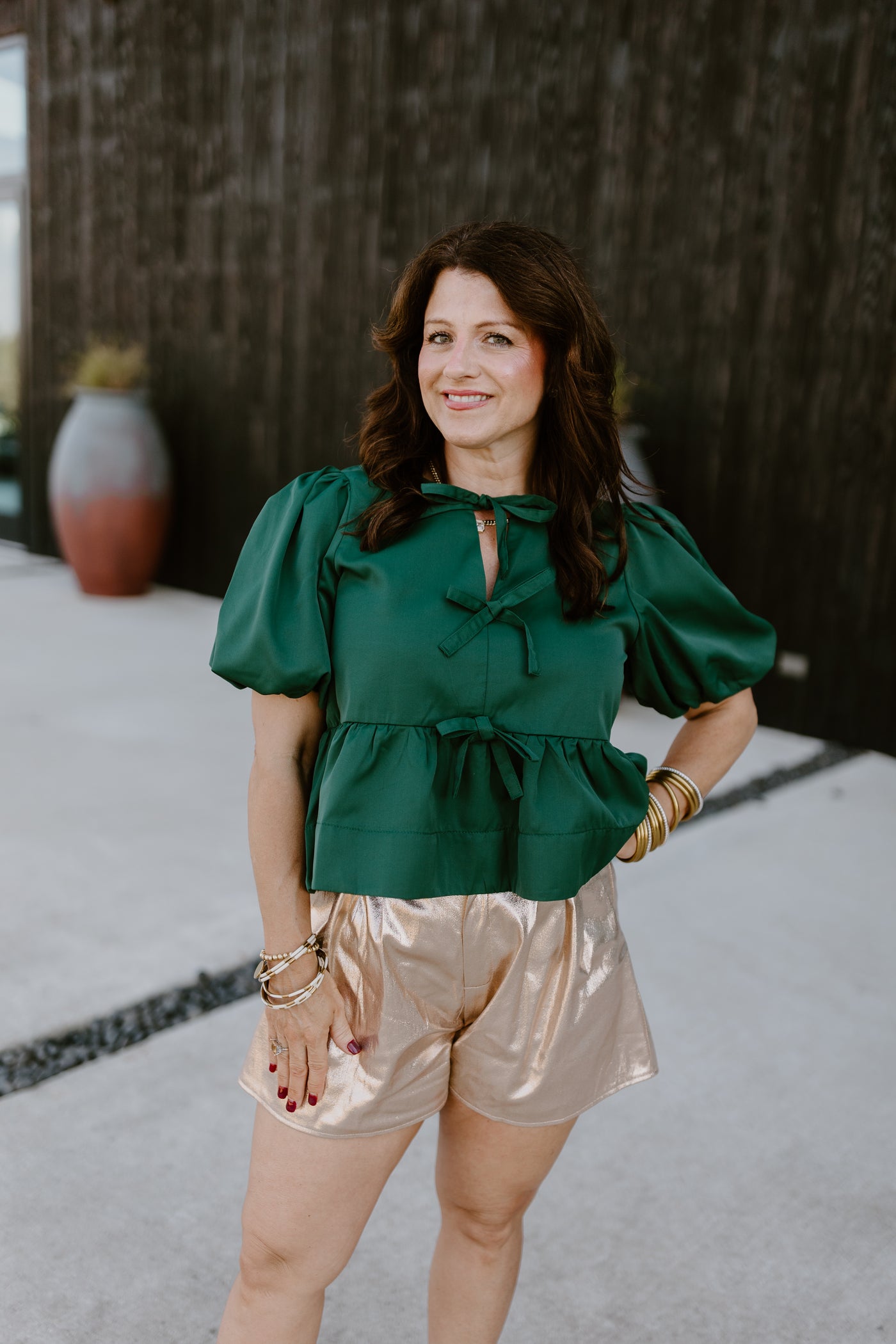 Hunter Green Puff Sleeve Bow Detail Peplum Top