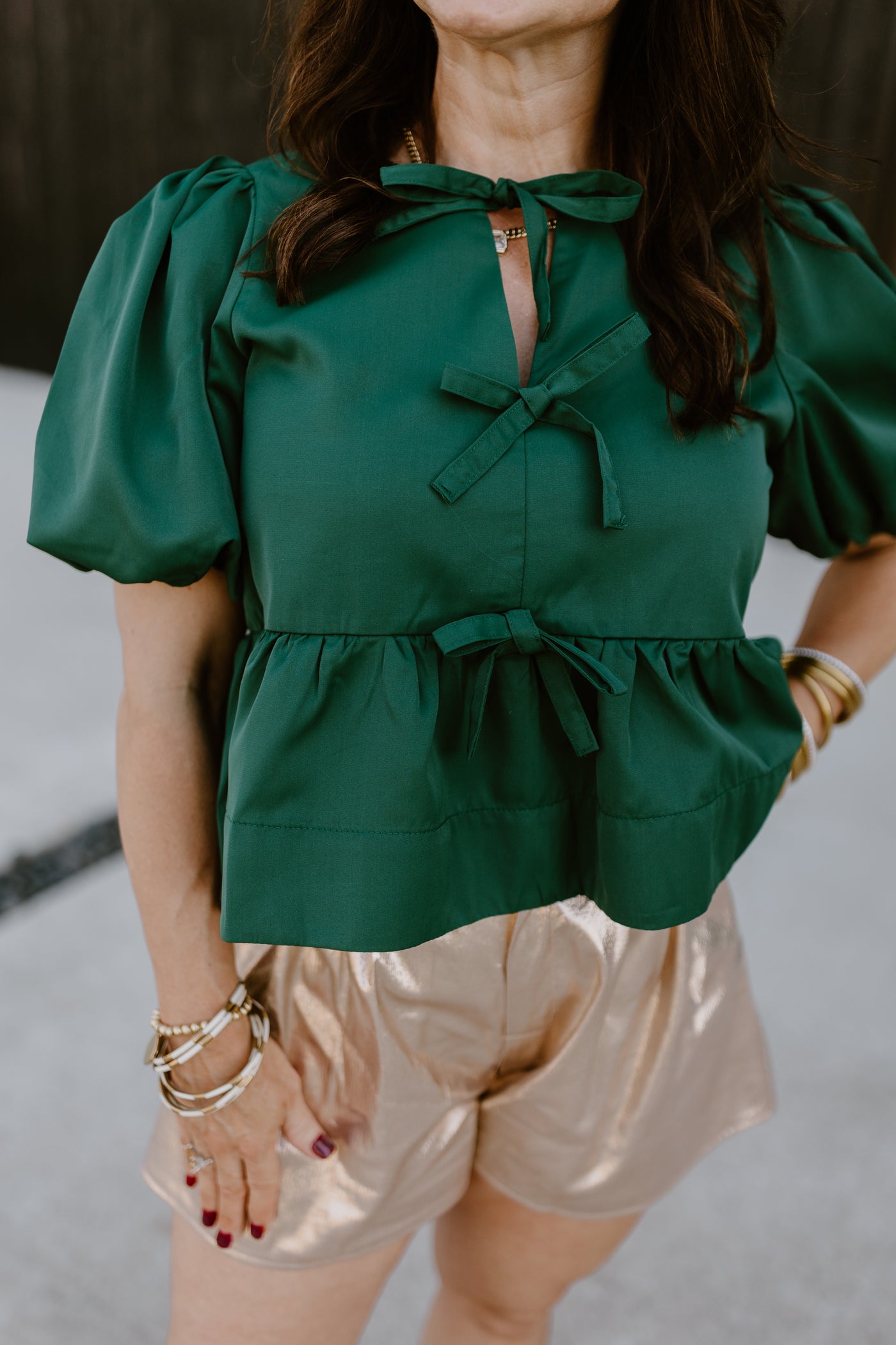 Hunter Green Puff Sleeve Bow Detail Peplum Top