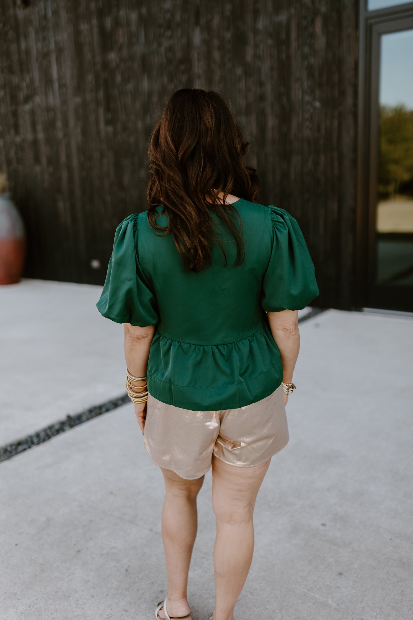 Hunter Green Puff Sleeve Bow Detail Peplum Top