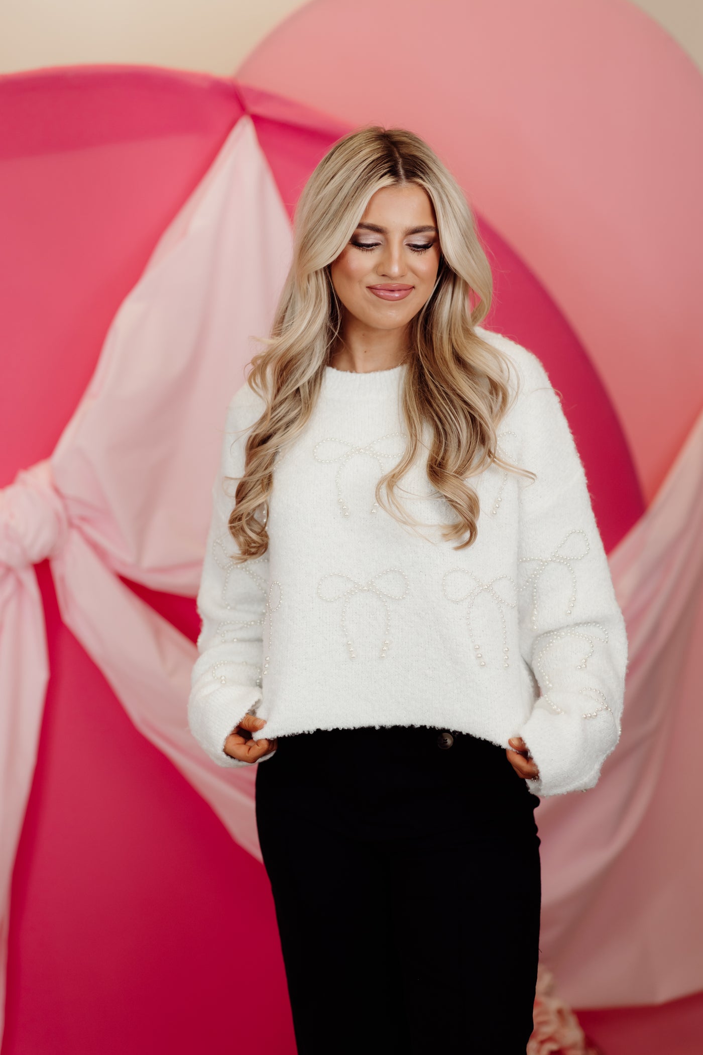 White Pearl Embroidered Cropped Bow Sweater