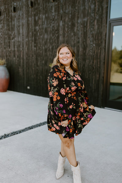 Black Multi Floral Notch Neck Long Sleeve Dress