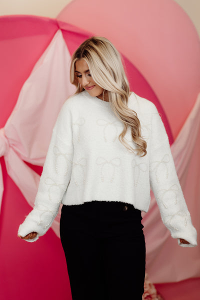 White Pearl Embroidered Cropped Bow Sweater