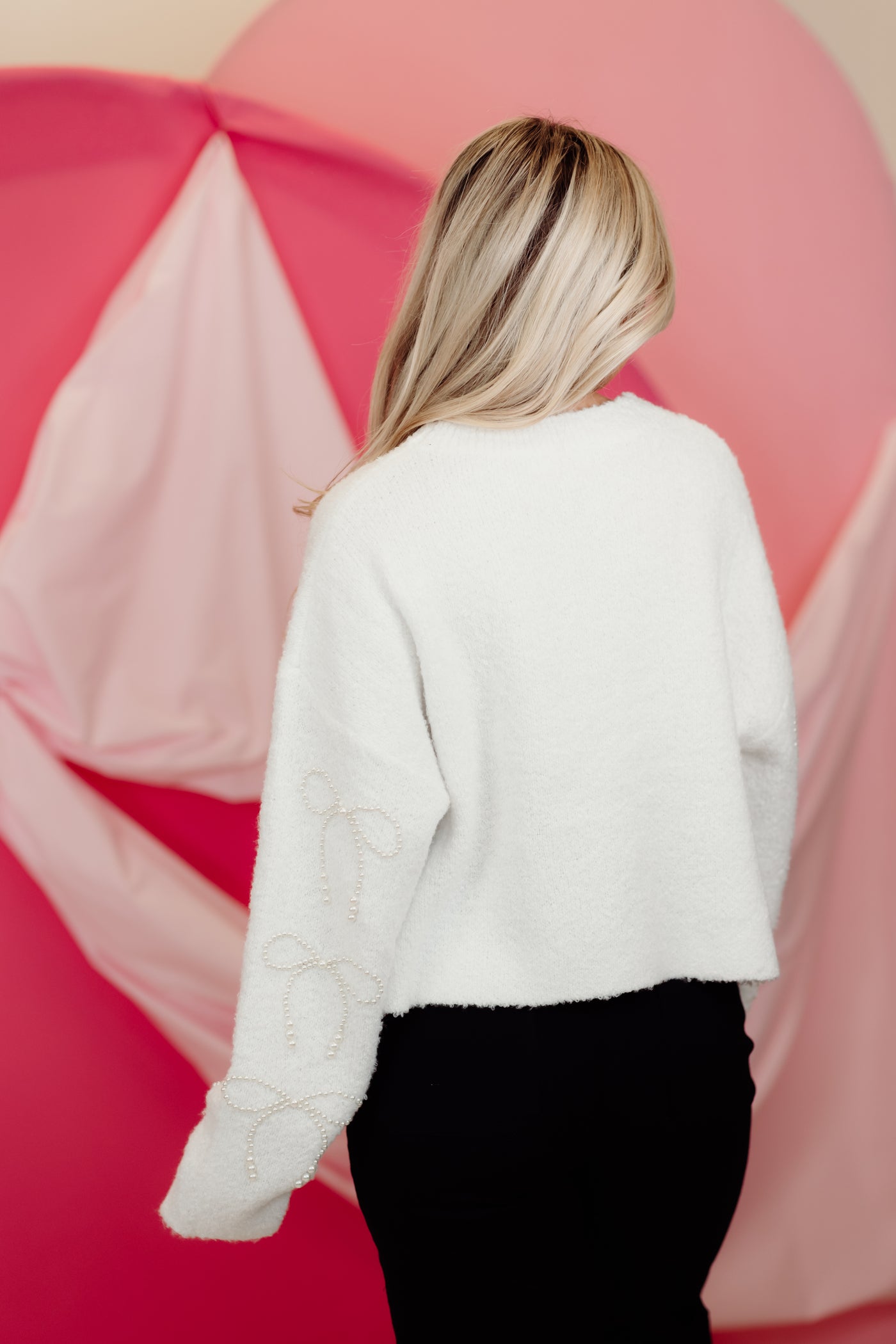 White Pearl Embroidered Cropped Bow Sweater