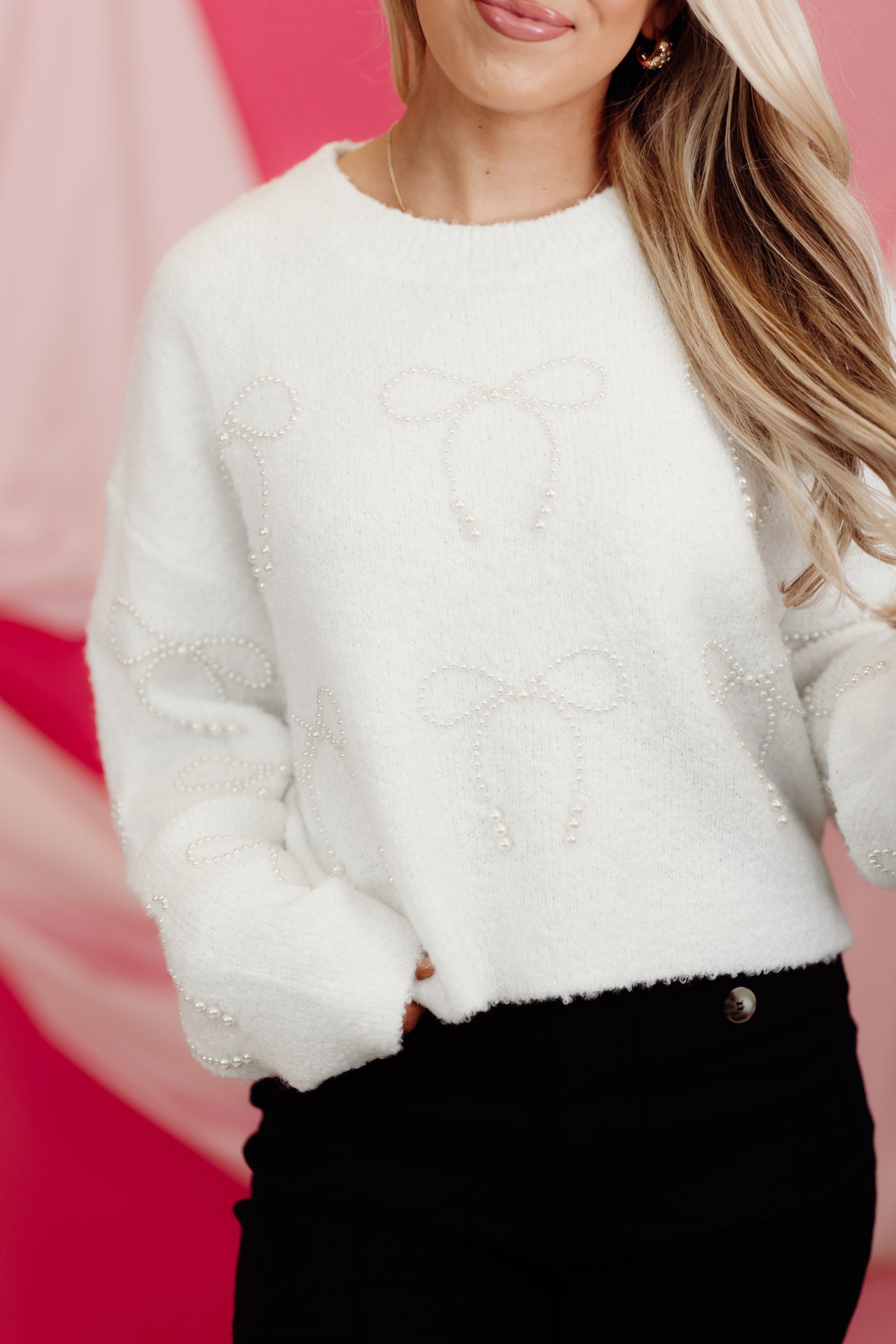 White Pearl Embroidered Cropped Bow Sweater