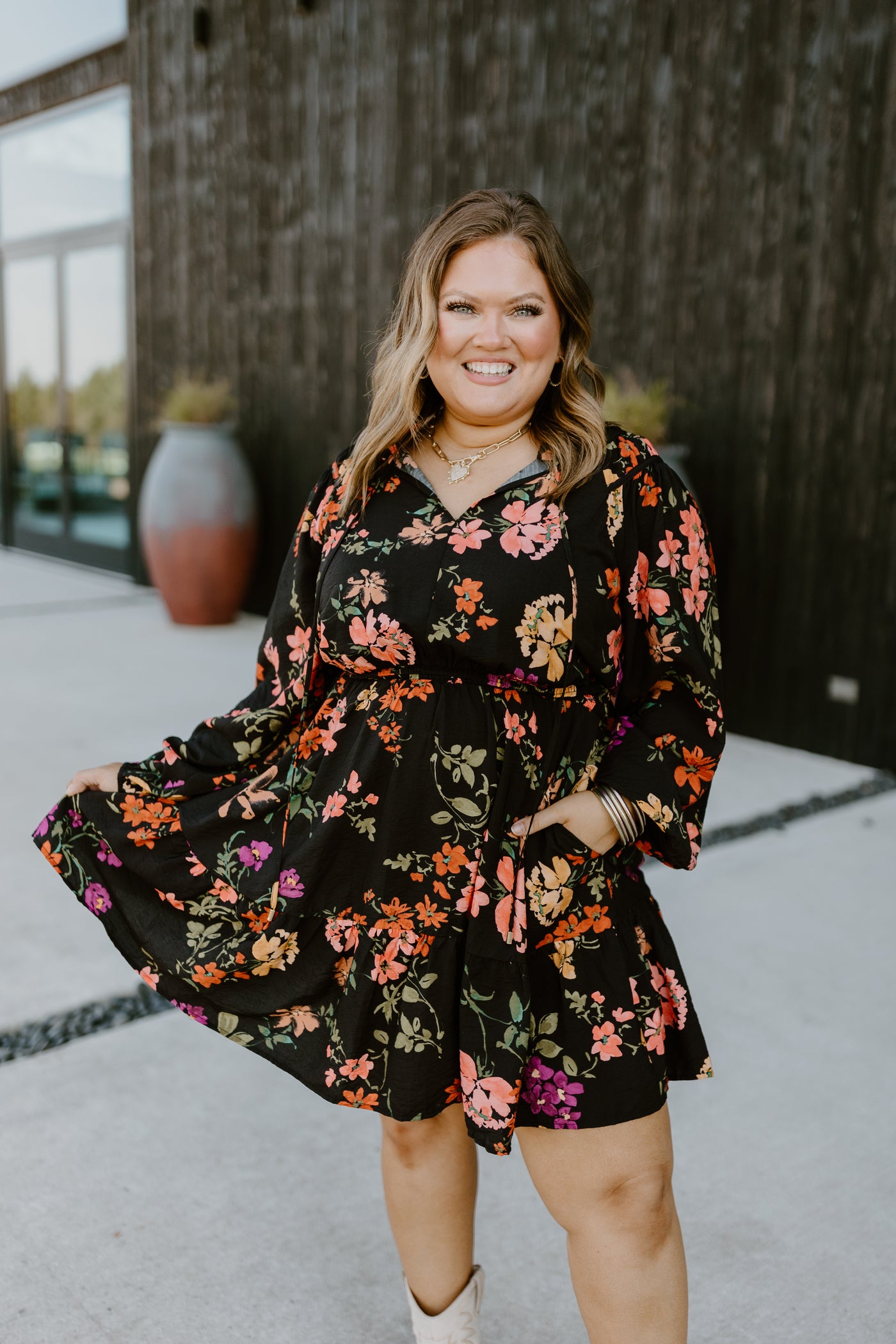 Black Multi Floral Notch Neck Long Sleeve Dress