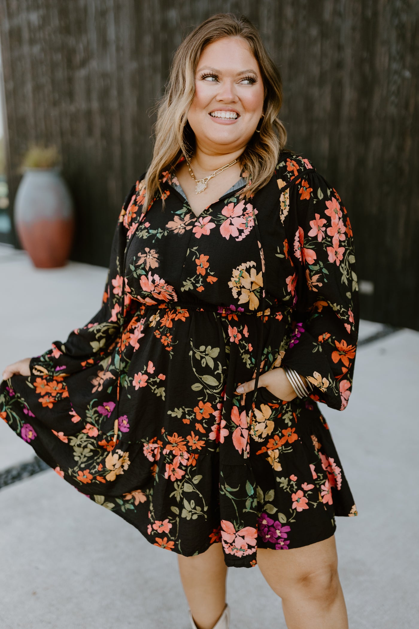 Black Multi Floral Notch Neck Long Sleeve Dress