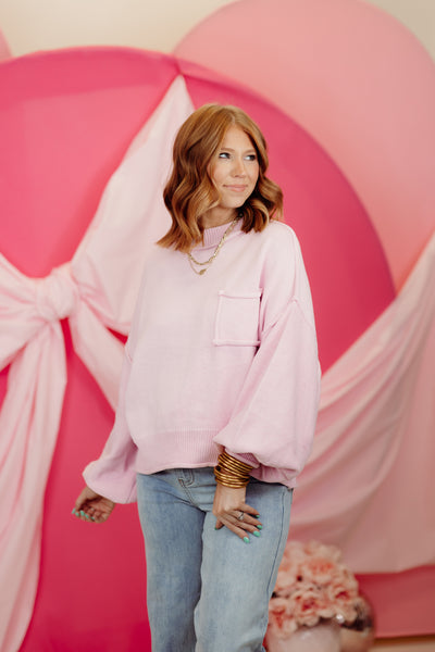 Cotton Pink Balloon Sleeve Round Neck Cropped Sweater