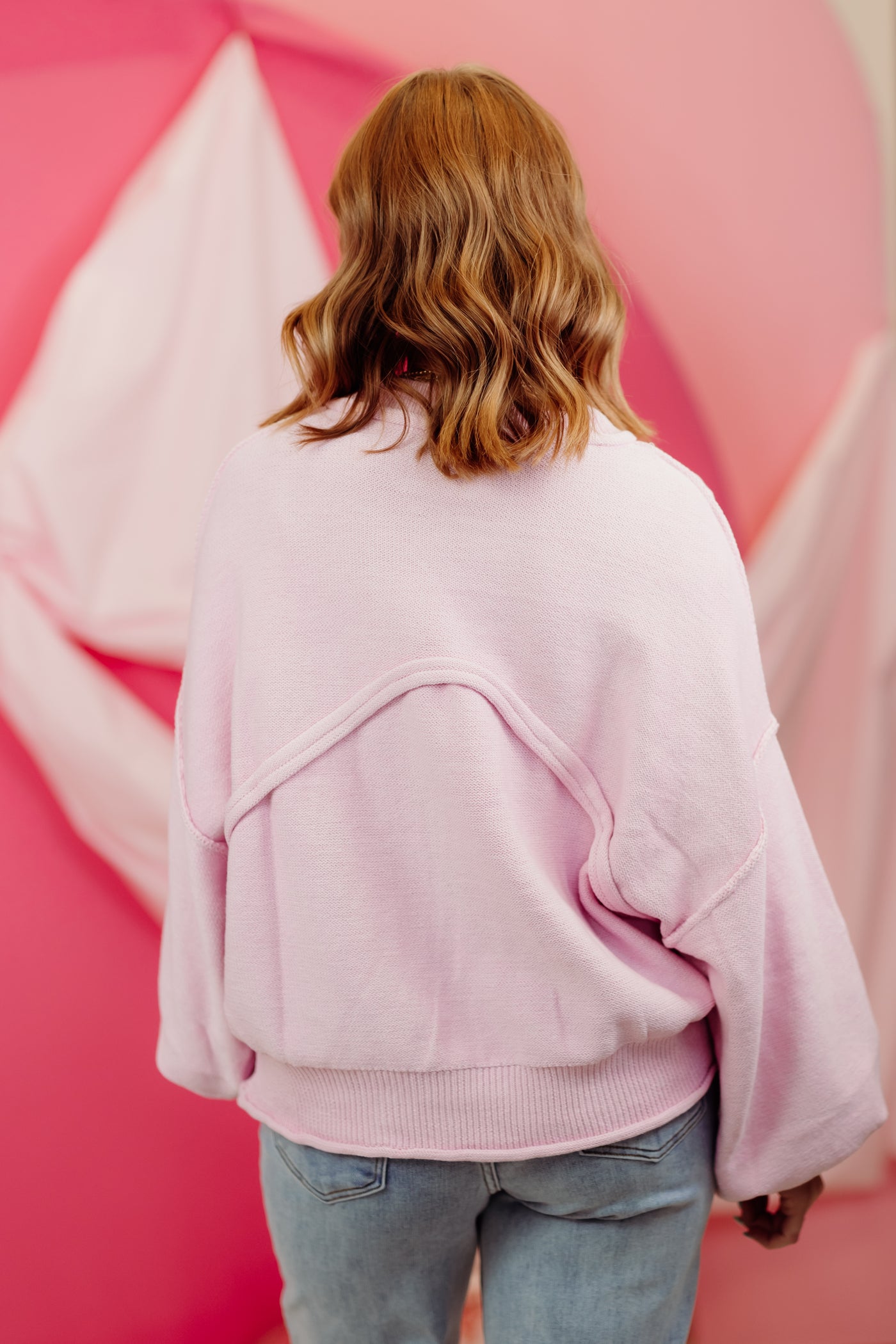 Cotton Pink Balloon Sleeve Round Neck Cropped Sweater