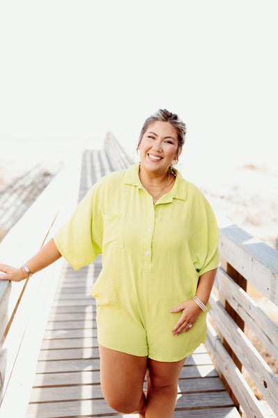 Lime Flowy Textured Oversized Collared Romper