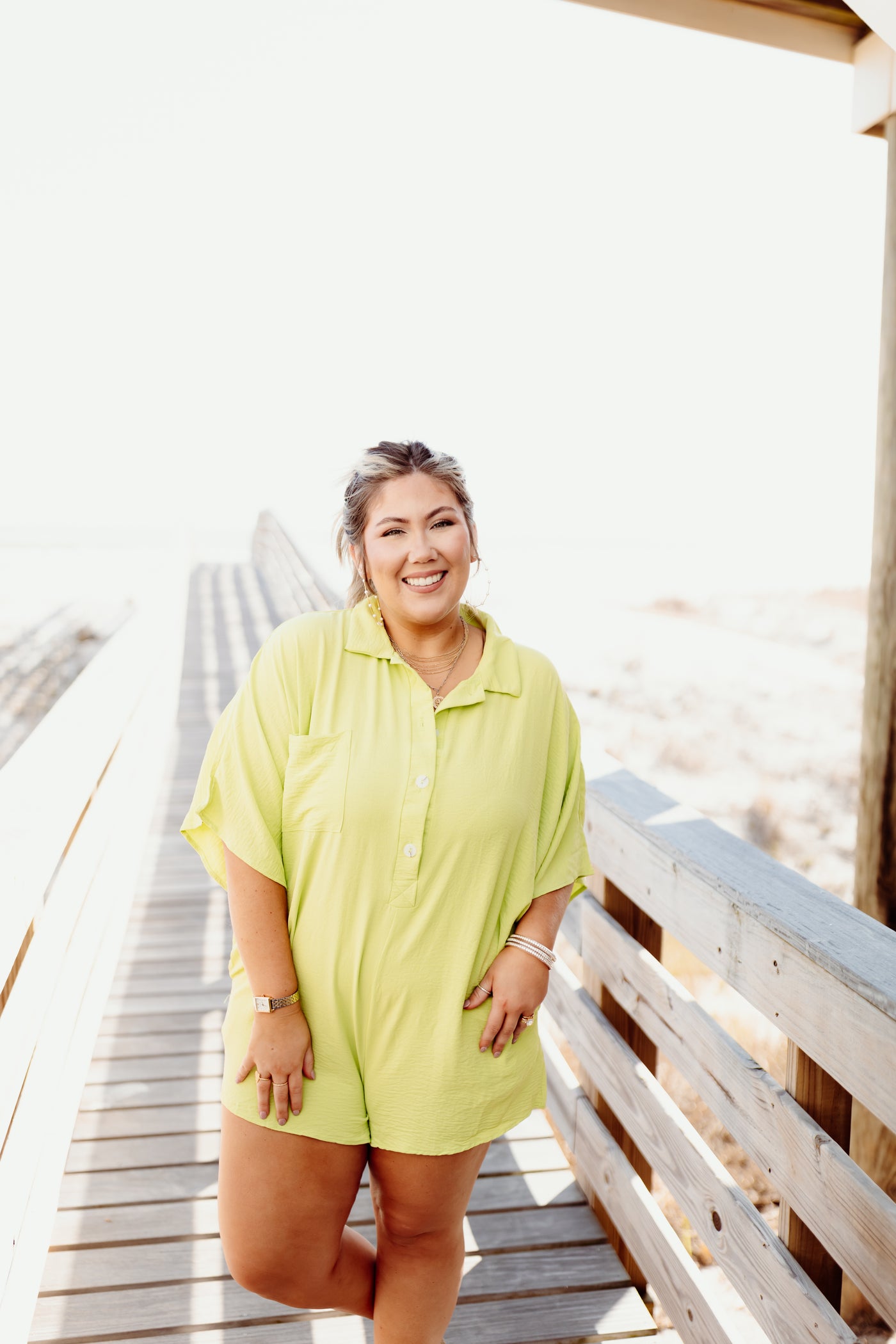 Lime Flowy Textured Oversized Collared Romper