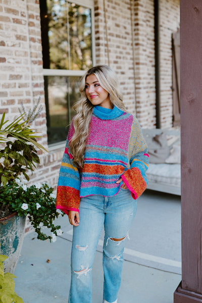 Multicolor Patchwork Stripe Turtleneck Sweater