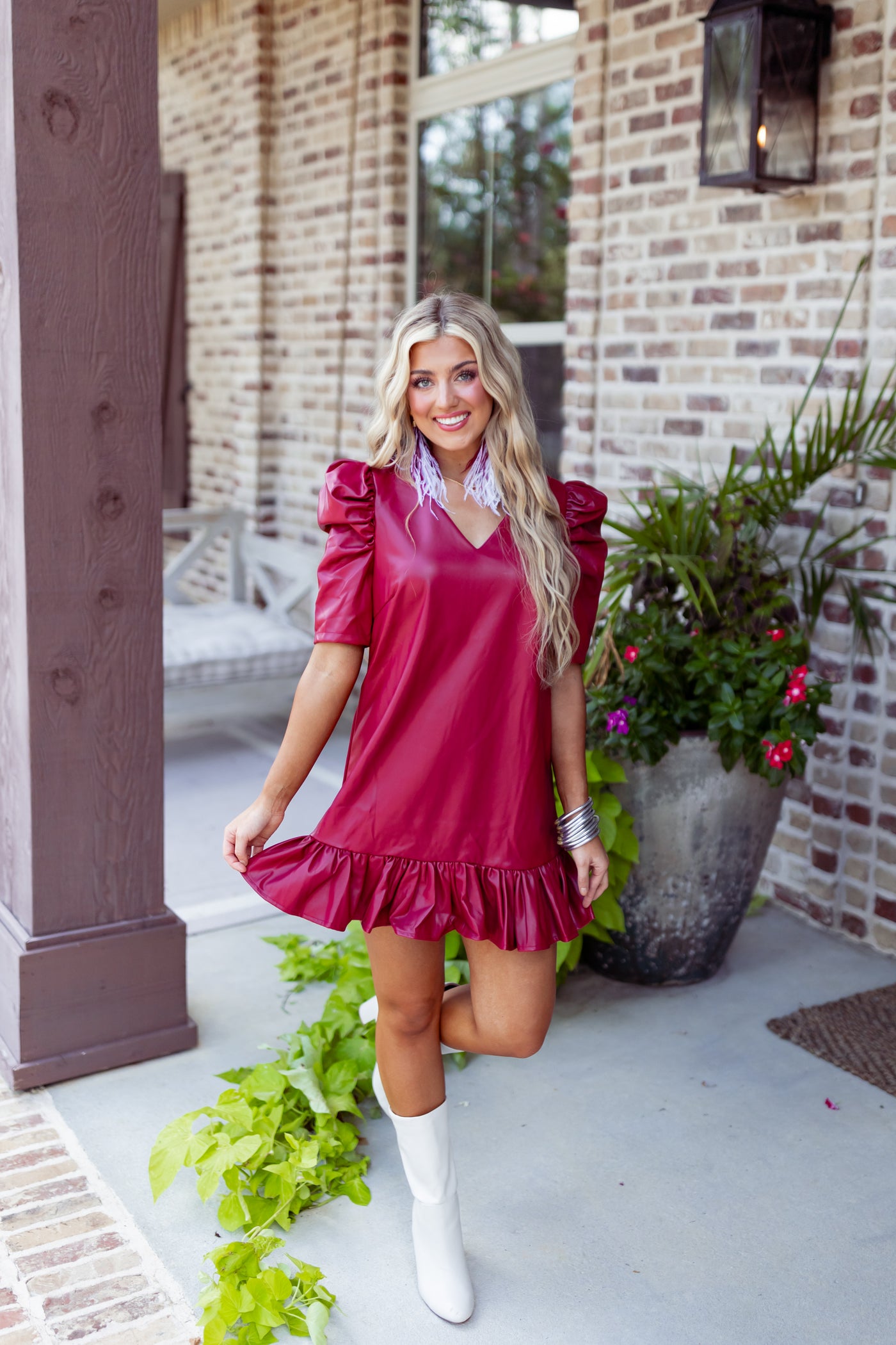 Burgundy V-Neck Puff Sleeve Leather Mini Dress