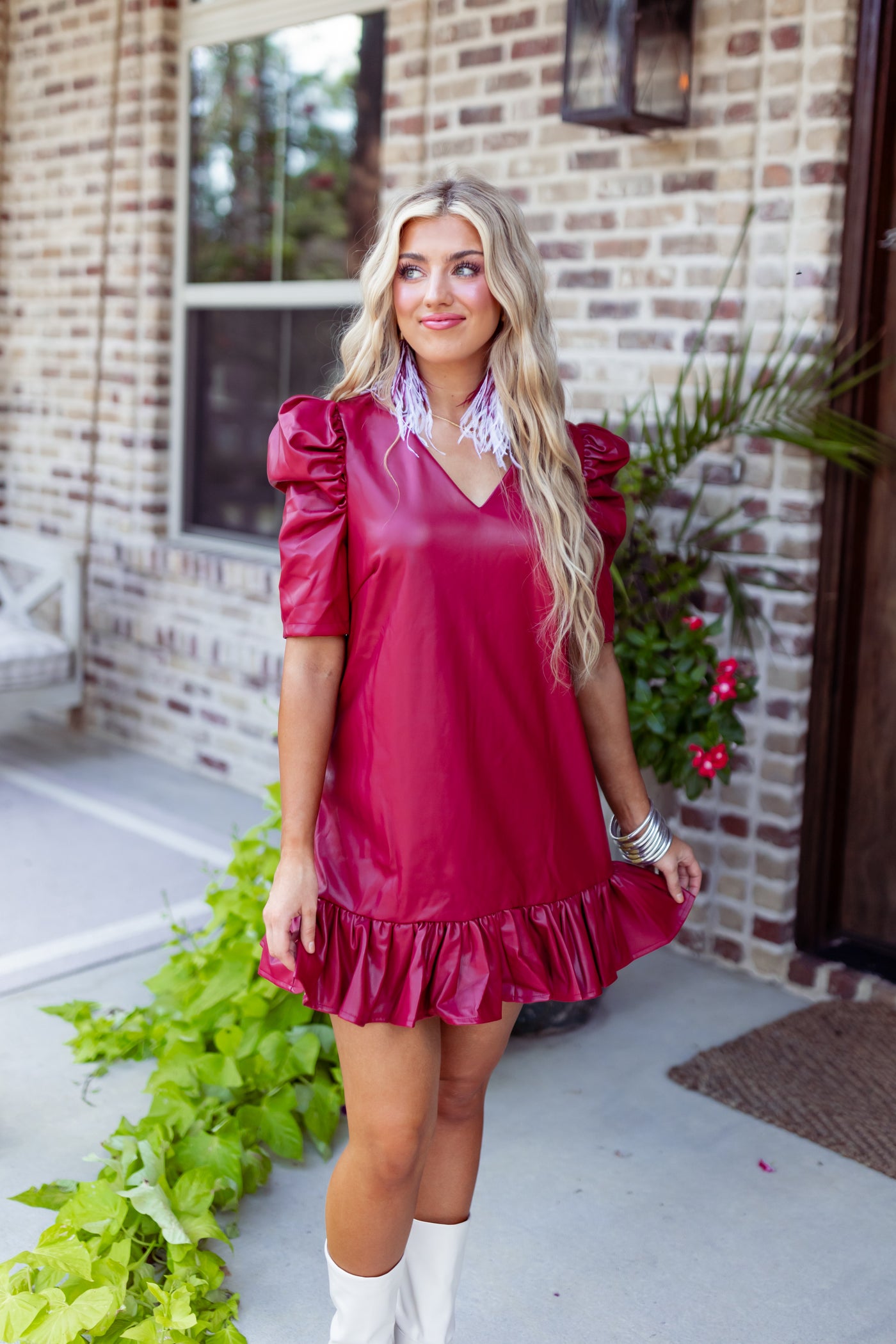 Burgundy V-Neck Puff Sleeve Leather Mini Dress