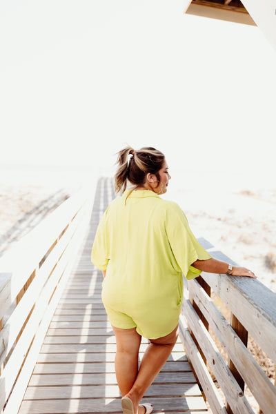 Lime Flowy Textured Oversized Collared Romper