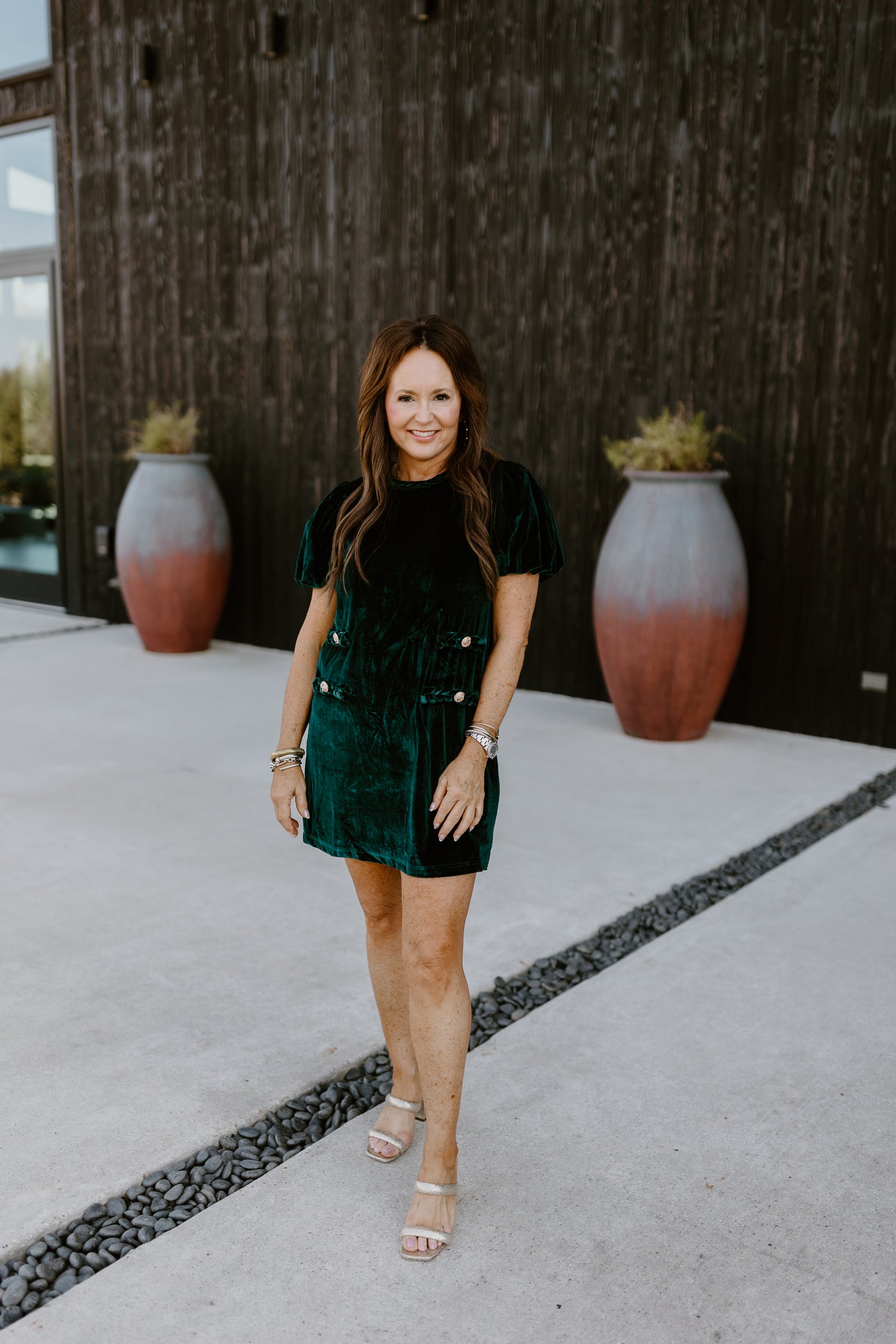 Emerald Braided Detail Puff Sleeve Velvet Dress