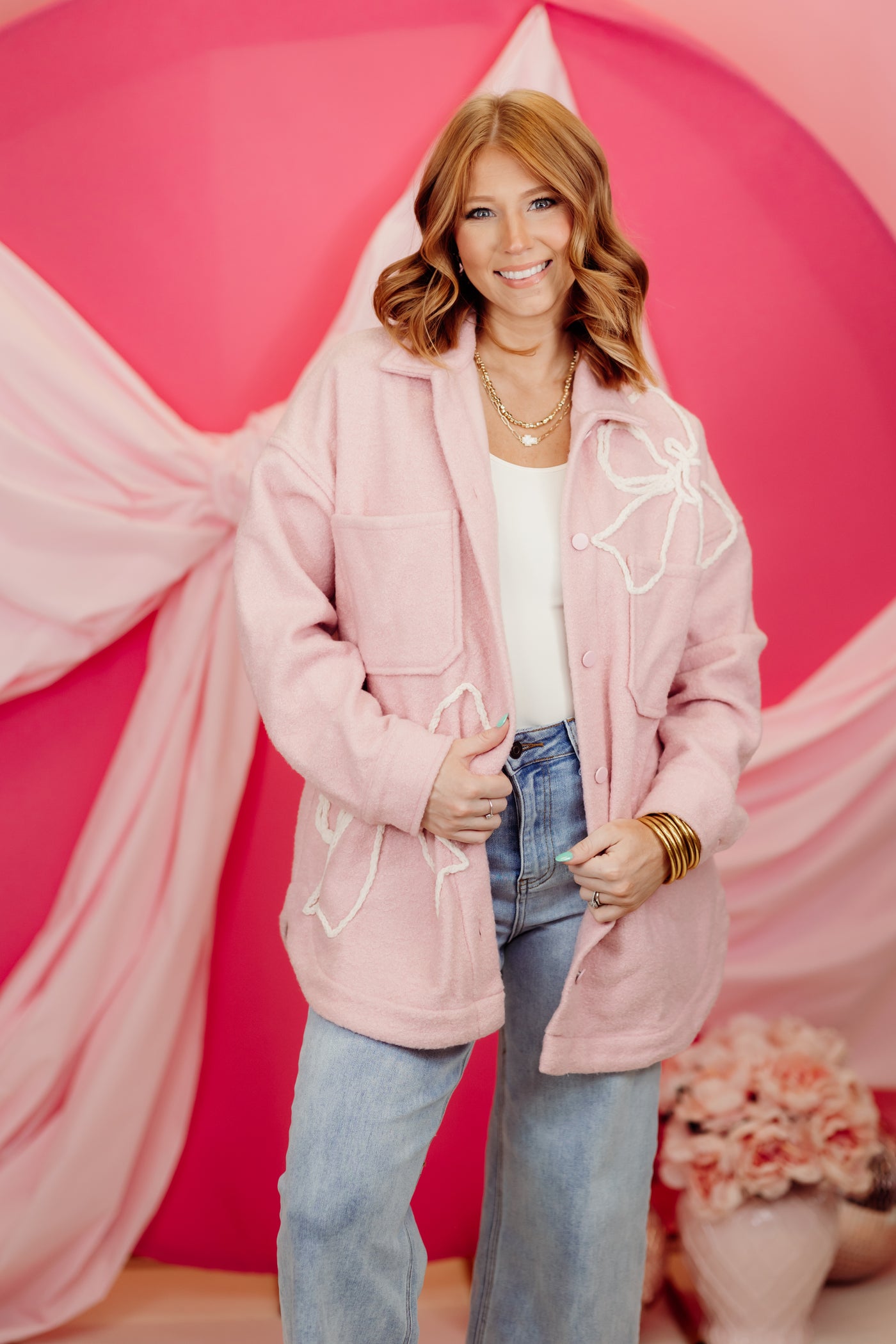 Light Pink Soft Cord Bow Embellished Shacket