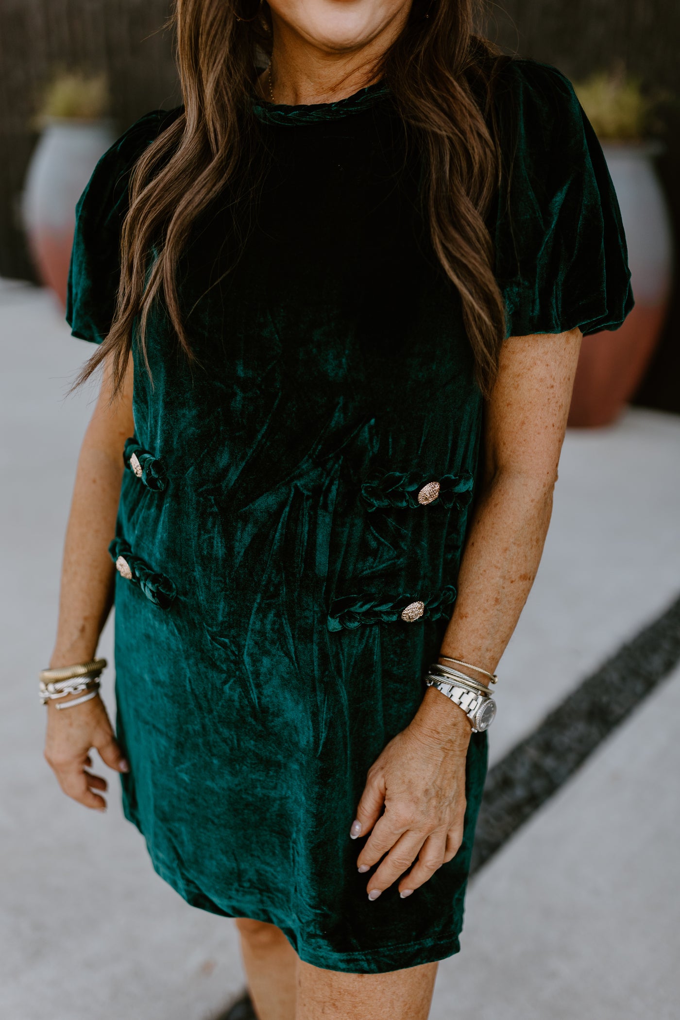 Emerald Braided Detail Puff Sleeve Velvet Dress