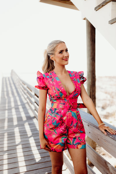 Beulah Style Fuchsia Bird of Paradise Belted Romper