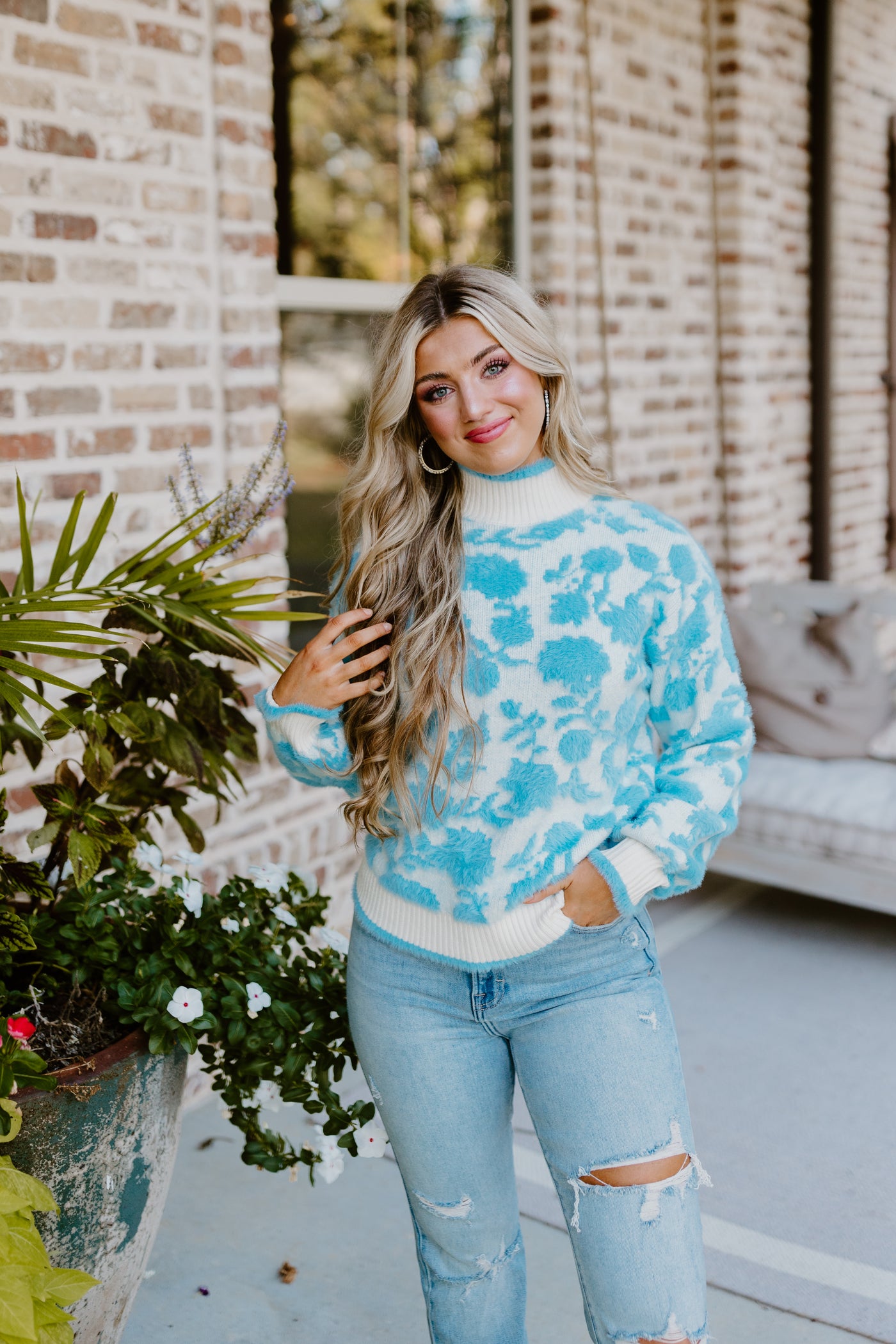 Cream and Blue Flower Jacquard Sweater Top