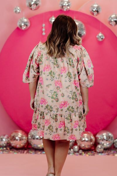 Peach Mix Floral Collared Puff Sleeve Dress