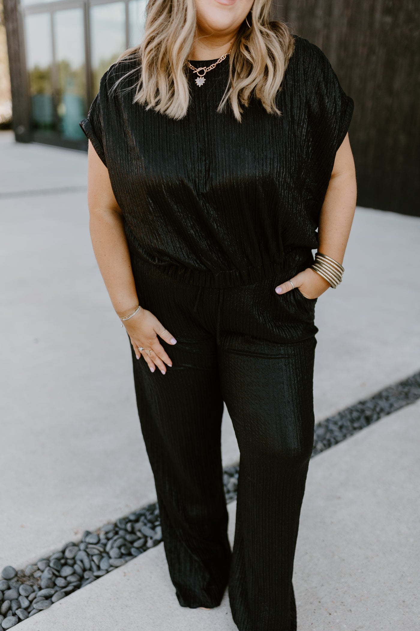 Black Iridescent Bubble Blouse and Pant Set