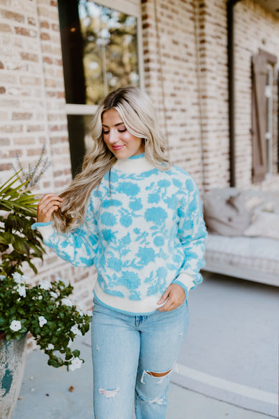 Cream and Blue Flower Jacquard Sweater Top