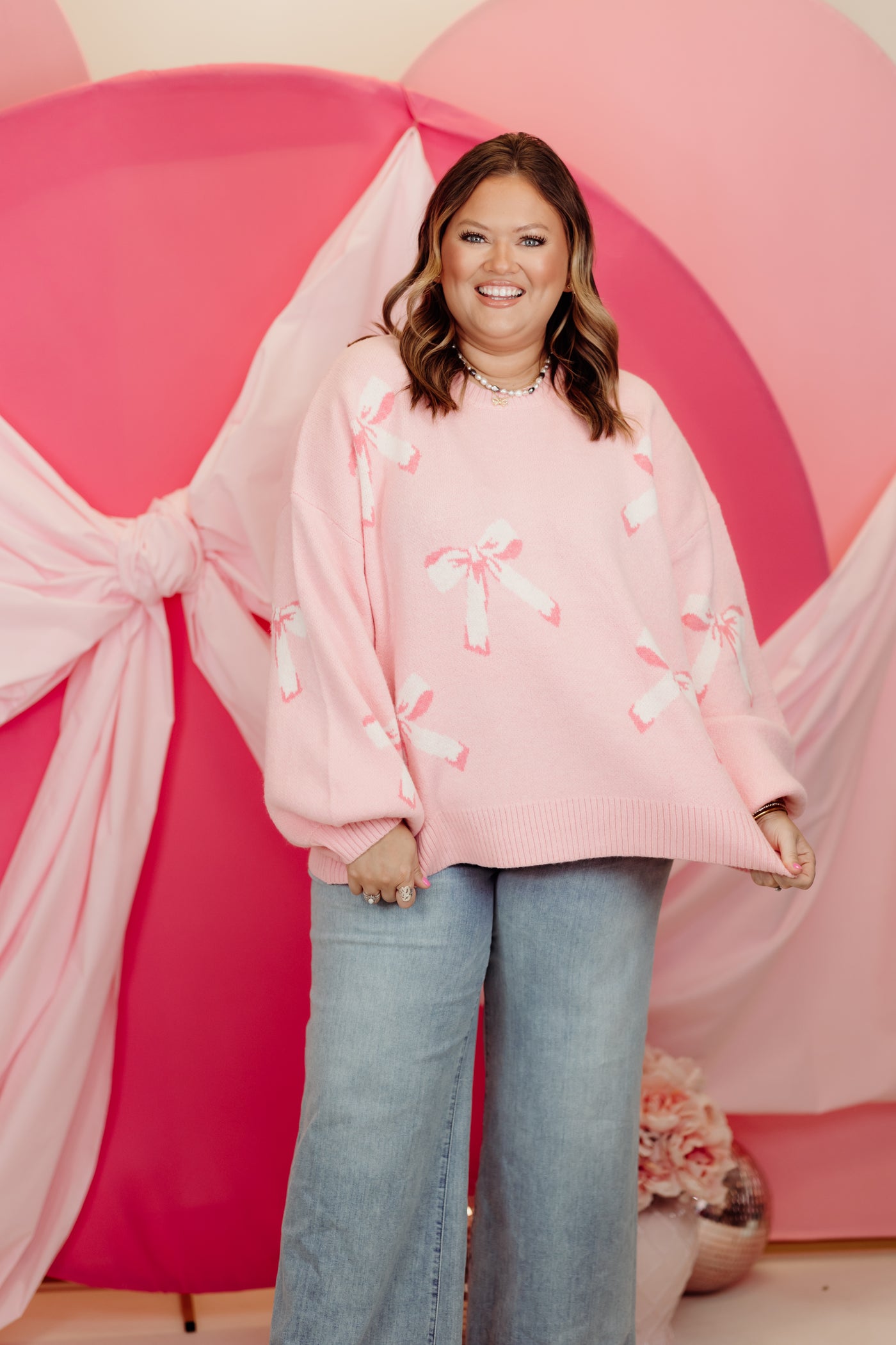 Light Pink Balloon Sleeve Bow Sweater