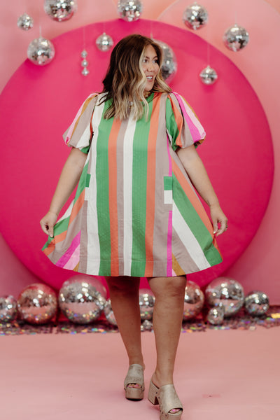 Multicolor Striped Round Neck Puff Sleeve Dress