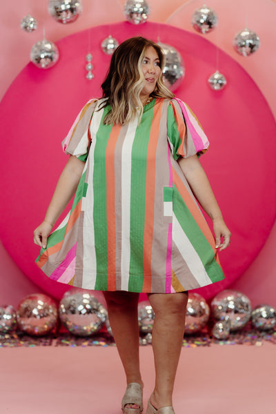 Multicolor Striped Round Neck Puff Sleeve Dress