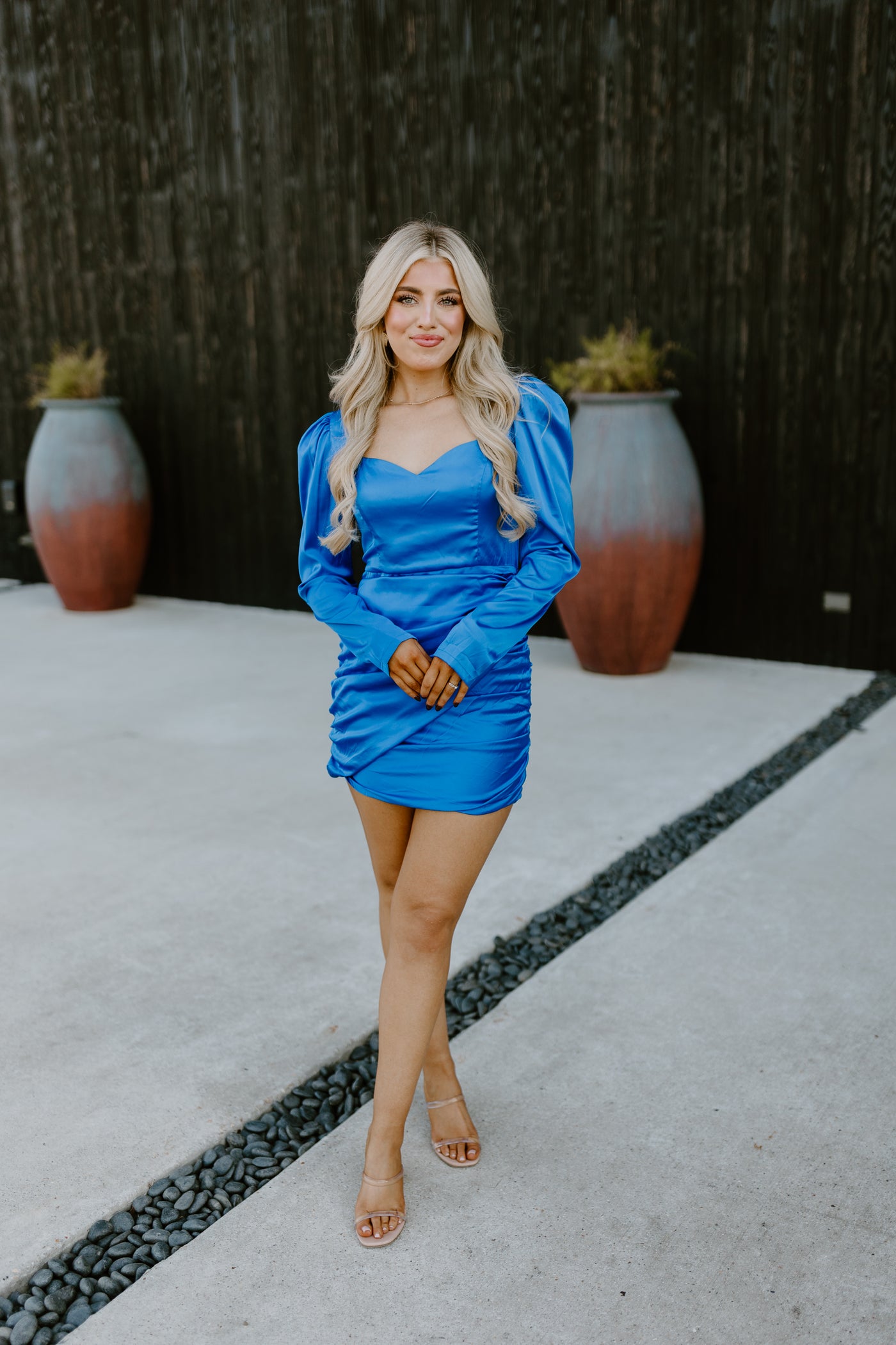 Capri Blue Long Sleeve Ruched Dress