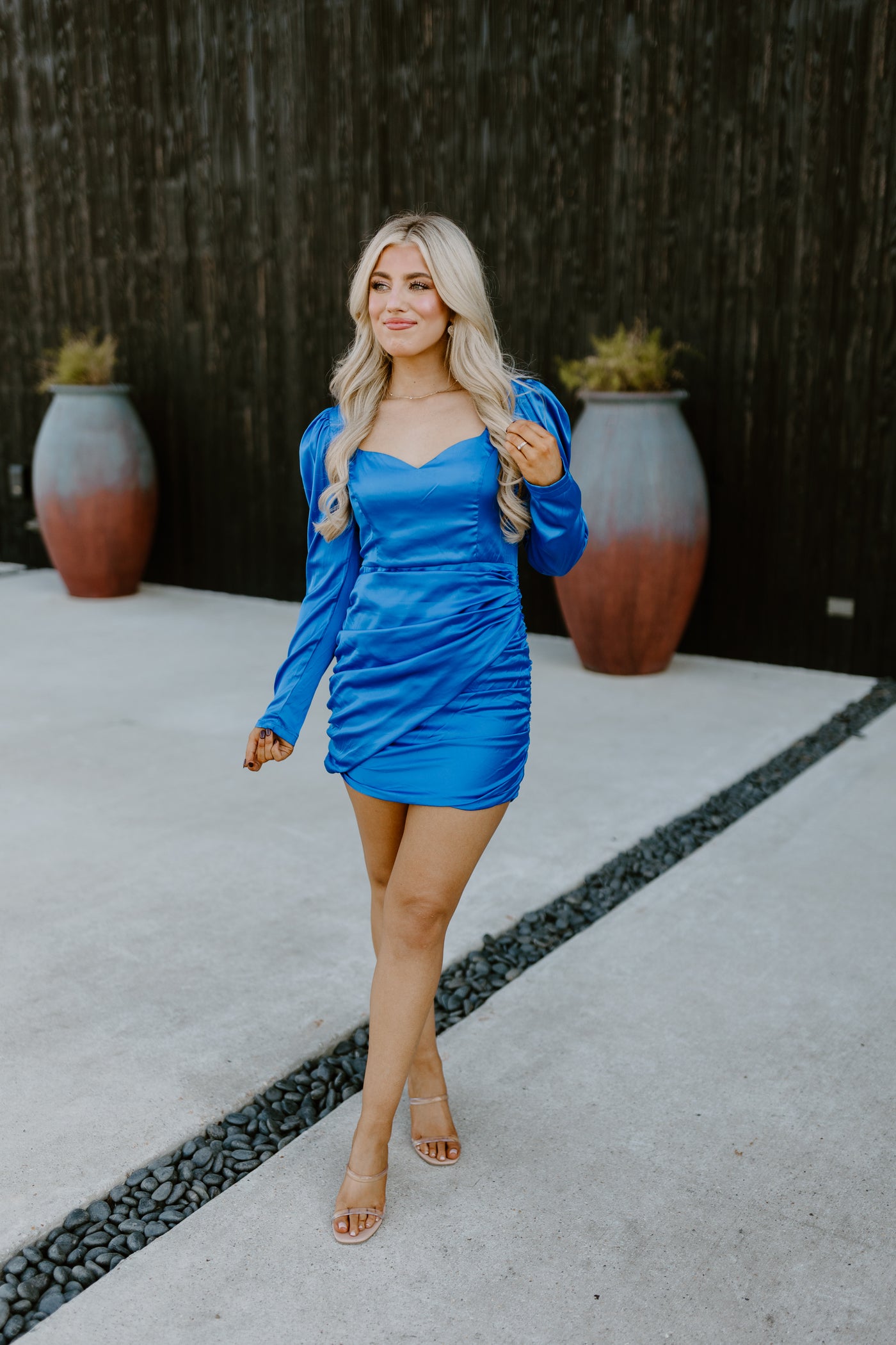 Capri Blue Long Sleeve Ruched Dress