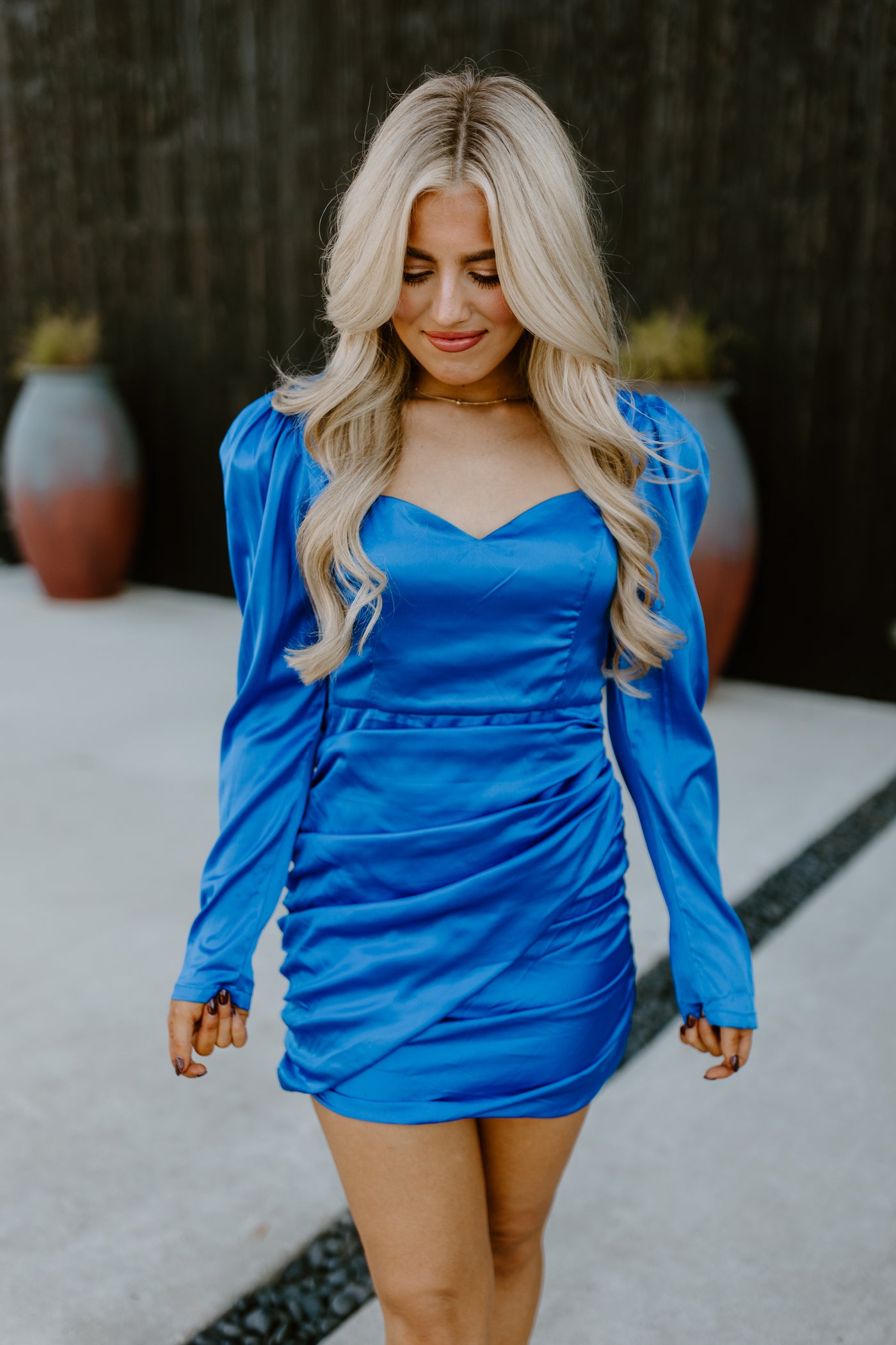 Capri Blue Long Sleeve Ruched Dress