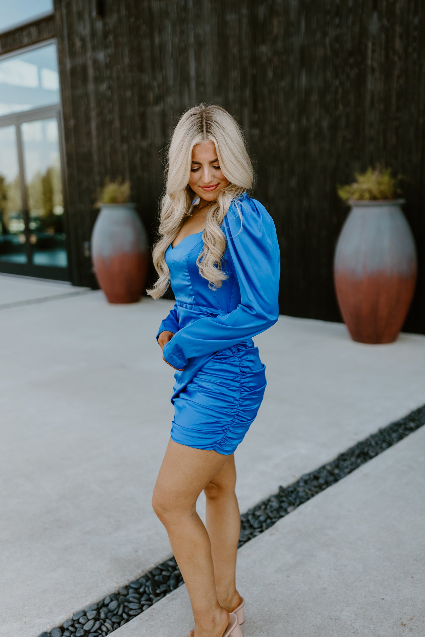 Capri Blue Long Sleeve Ruched Dress