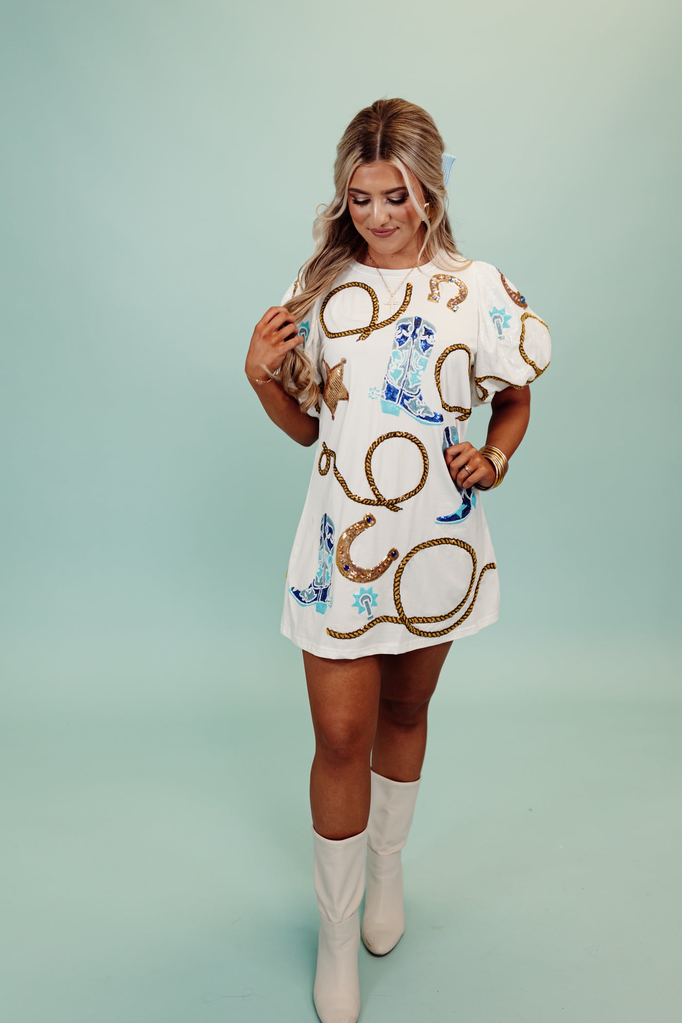 Queen Of Sparkles White Cowgirl Icon Poof Sleeve Dress