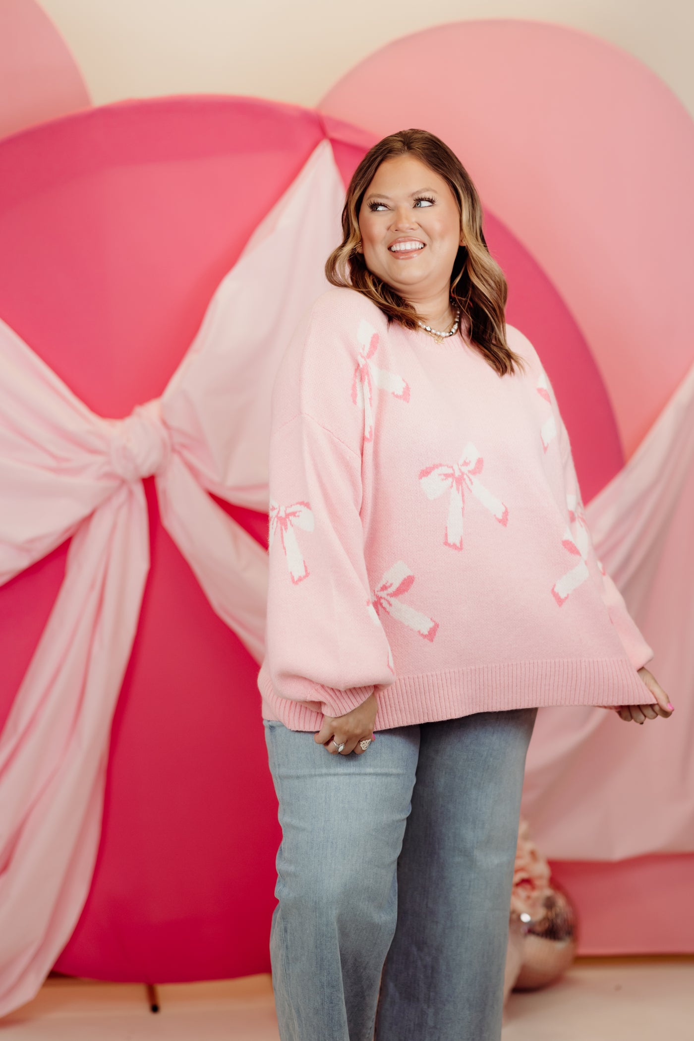 Light Pink Balloon Sleeve Bow Sweater