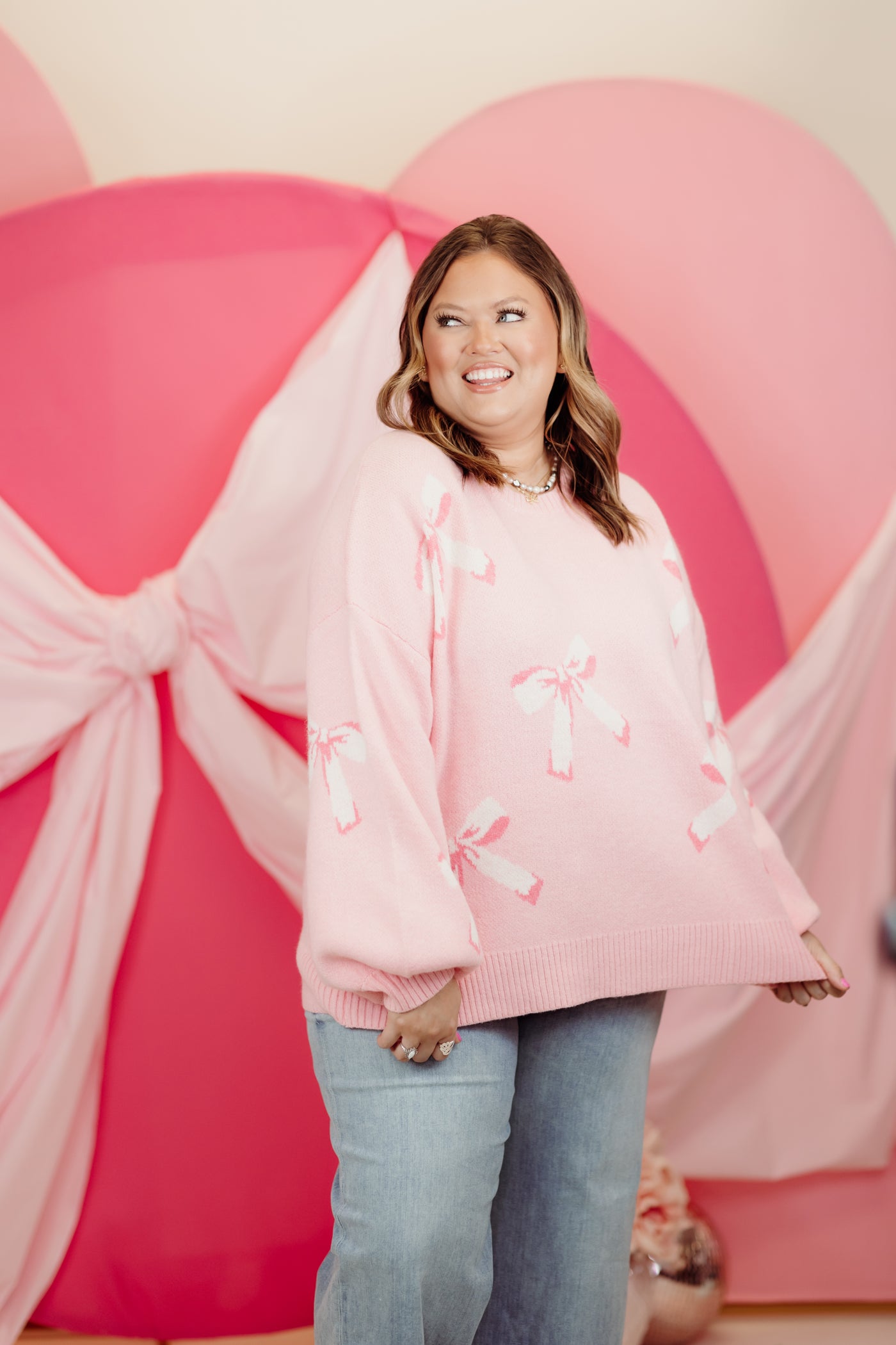 Light Pink Balloon Sleeve Bow Sweater