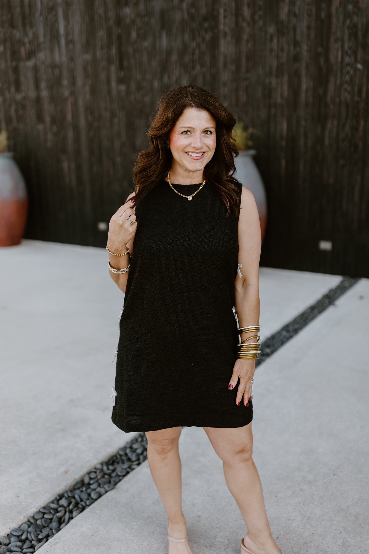 Black Textured Sleeveless Rhinestone Bow Detail Dress