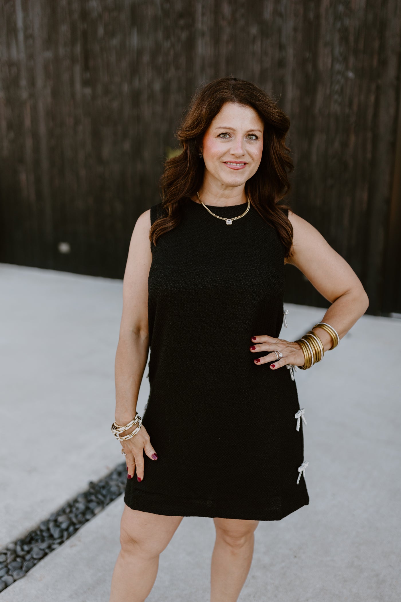 Black Textured Sleeveless Rhinestone Bow Detail Dress