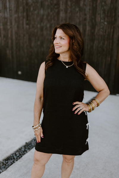 Black Textured Sleeveless Rhinestone Bow Detail Dress