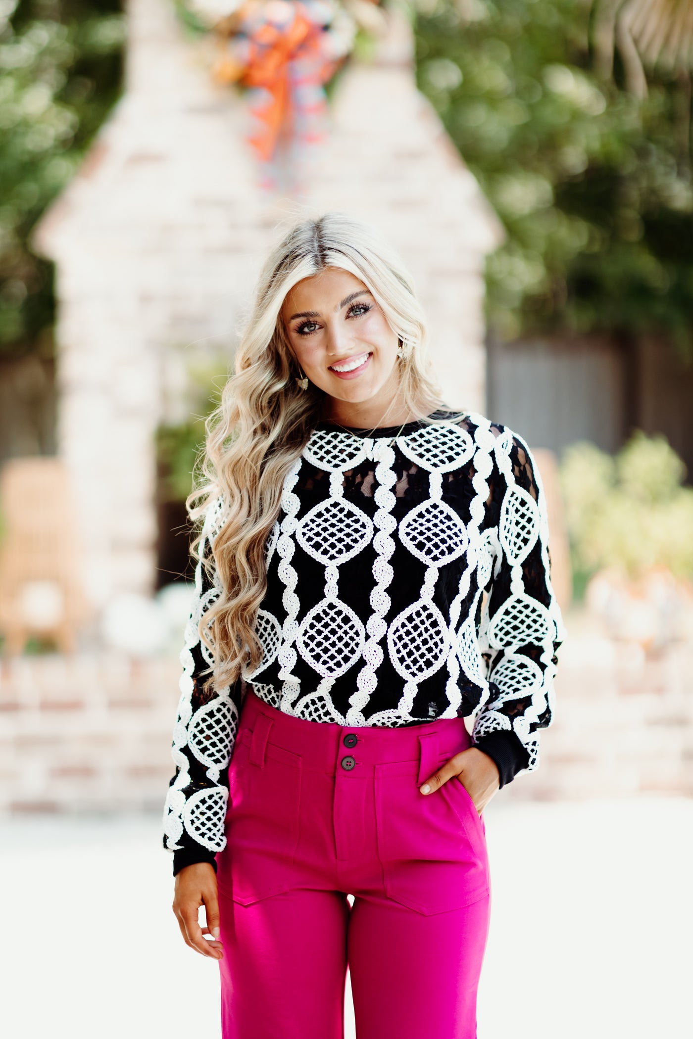 Black and White Lace Trimmed Long Sleeve Top