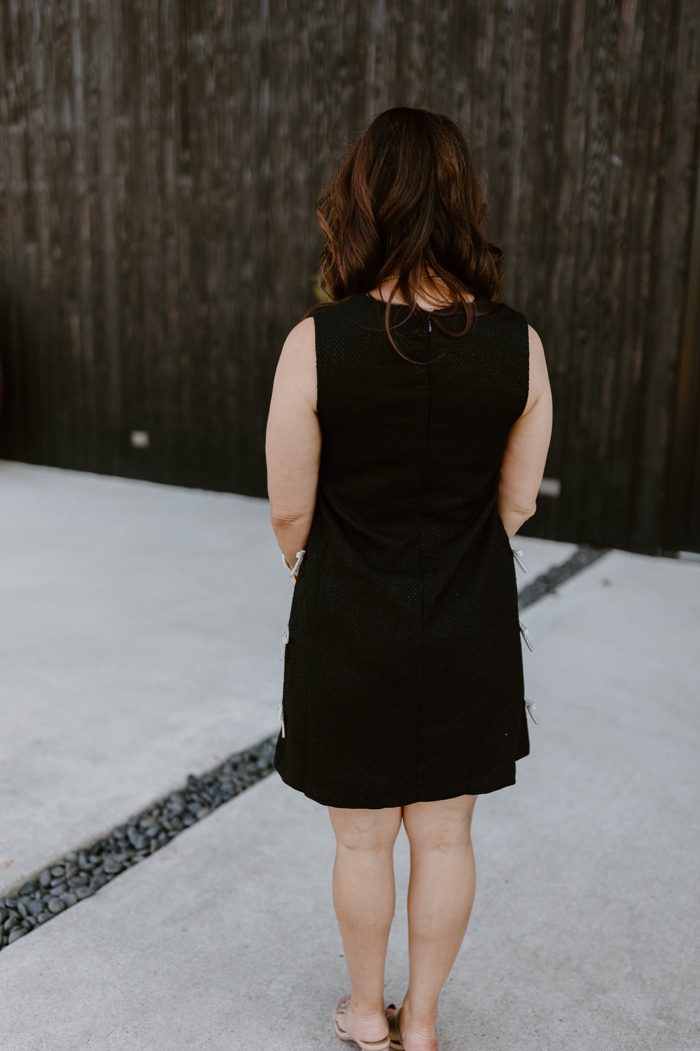 Black Textured Sleeveless Rhinestone Bow Detail Dress