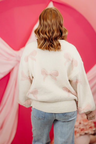 Cream and Pink Round Neck Balloon Sleeve Bow Sweater