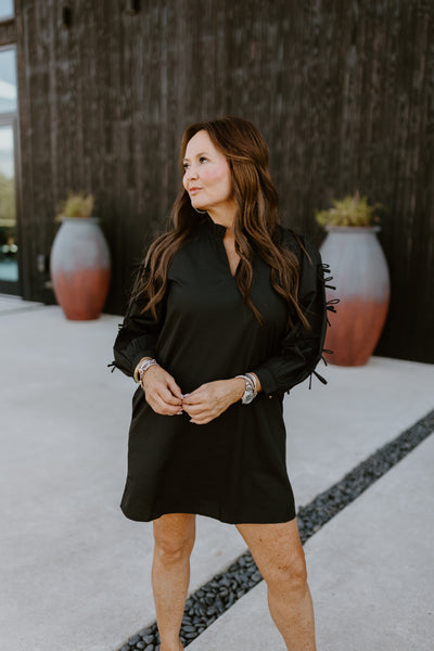 Black Ruffle Neck Bow Detail Dress